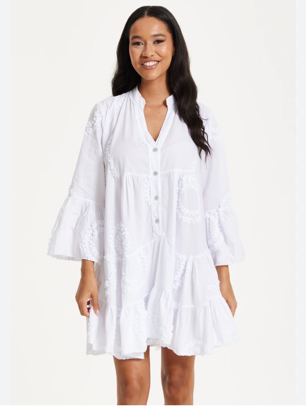 Liquorish white tiered button front 100% cotton summer mini dress size Medium